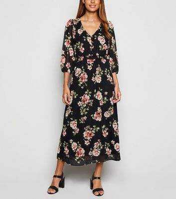 Black Floral Chiffon Midi Dress | New Look